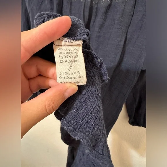 EDGE Embroidered Navy Off The Shoulder Peasant Blouse Top - Picture 5 of 6